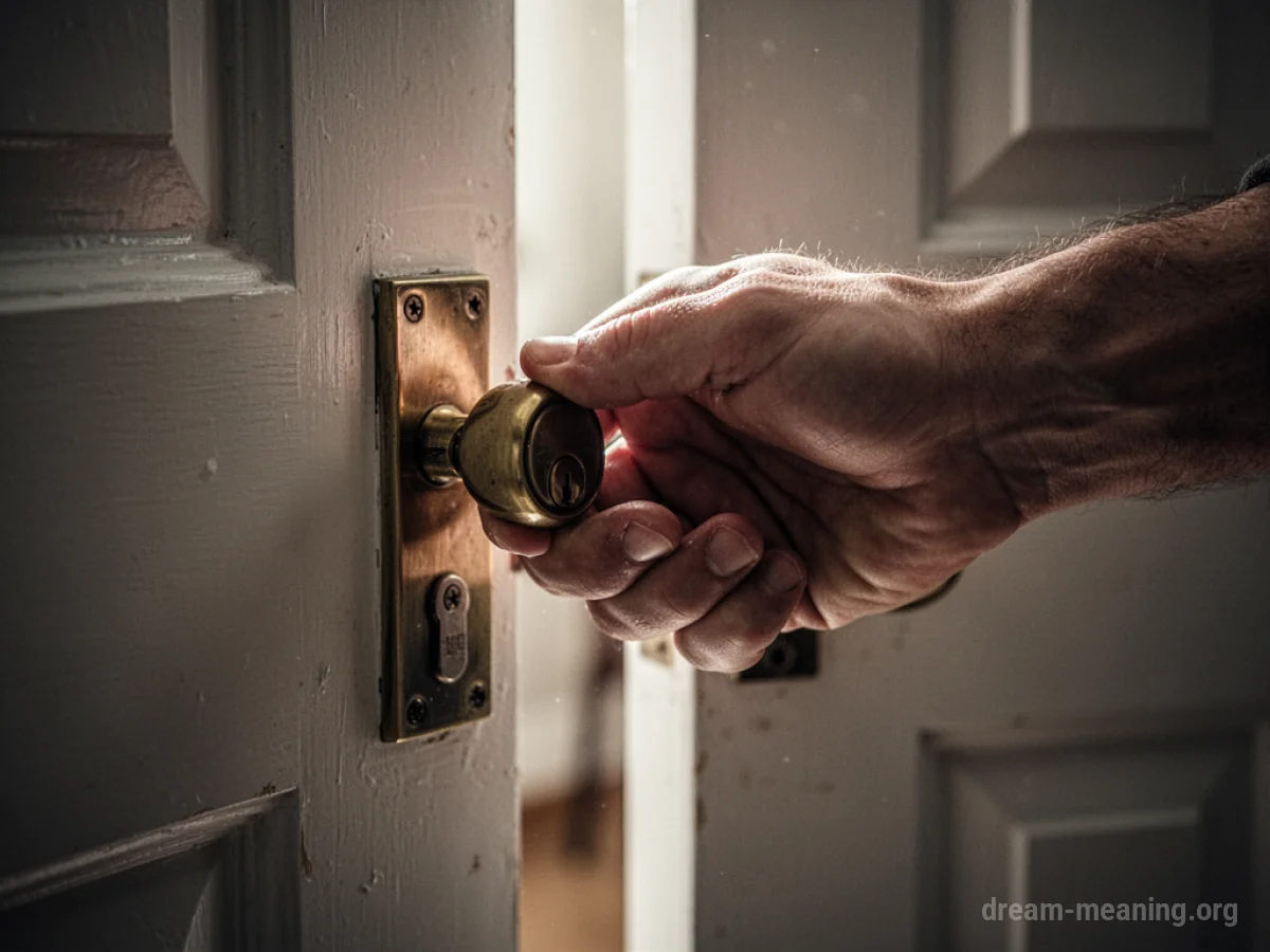 A hand attempting to turn a deadbolt lock on a wooden door.