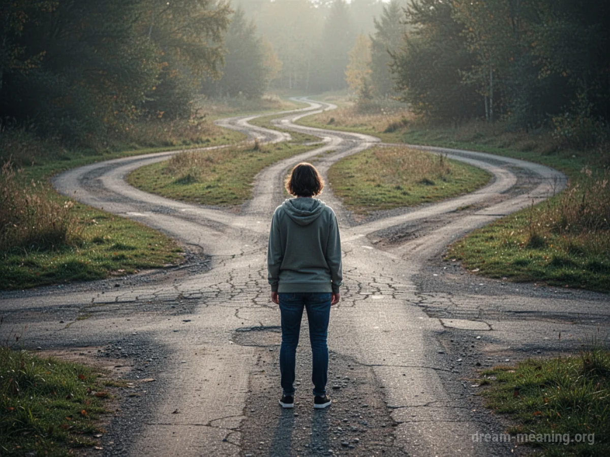 A person hesitates at a path split with several directions.
