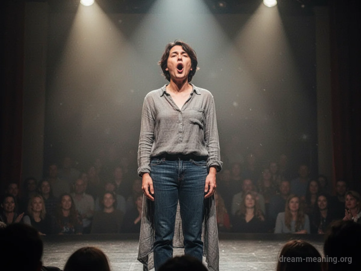 A person's mouth is open on a stage, with no visible sound waves.