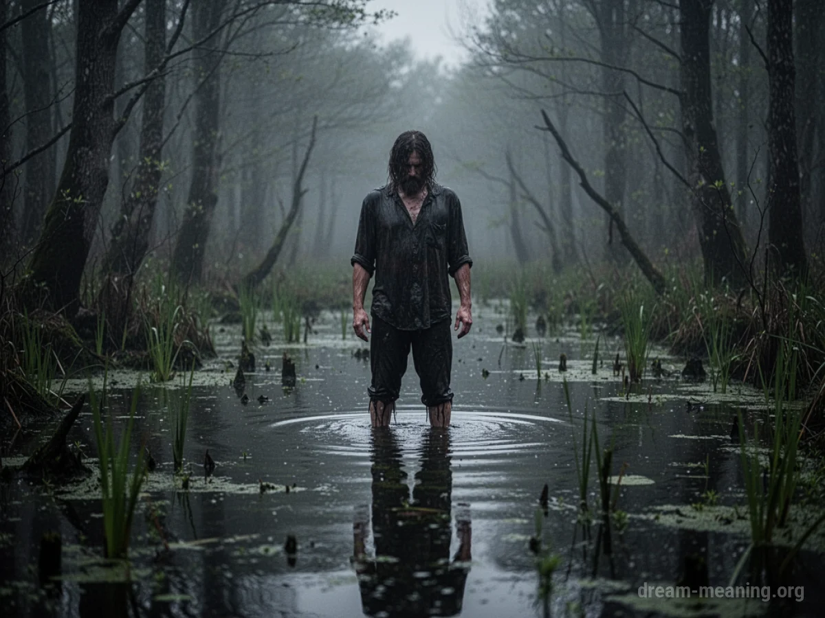 A person standing still, unable to move, with their legs deep in swamp water.