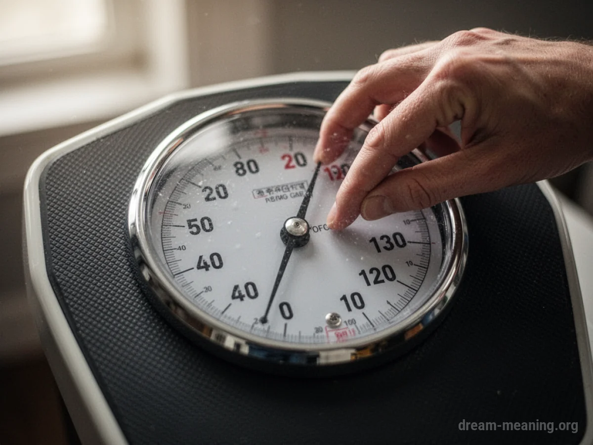 A hand reaching towards a weight scale with a blurred dial.