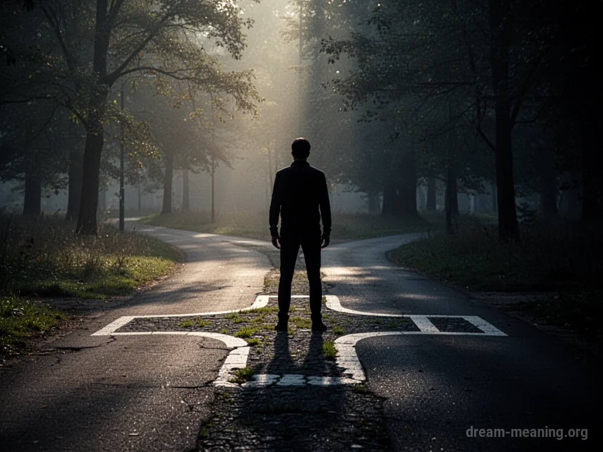 A shadowy figure hesitates at a fork in the road, one path glowing invitingly.