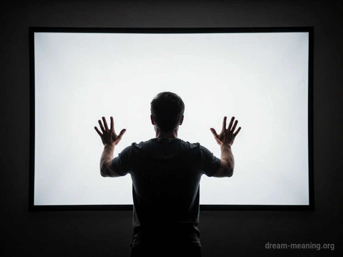 Silhouette of a person reaching towards a dark, blank screen.