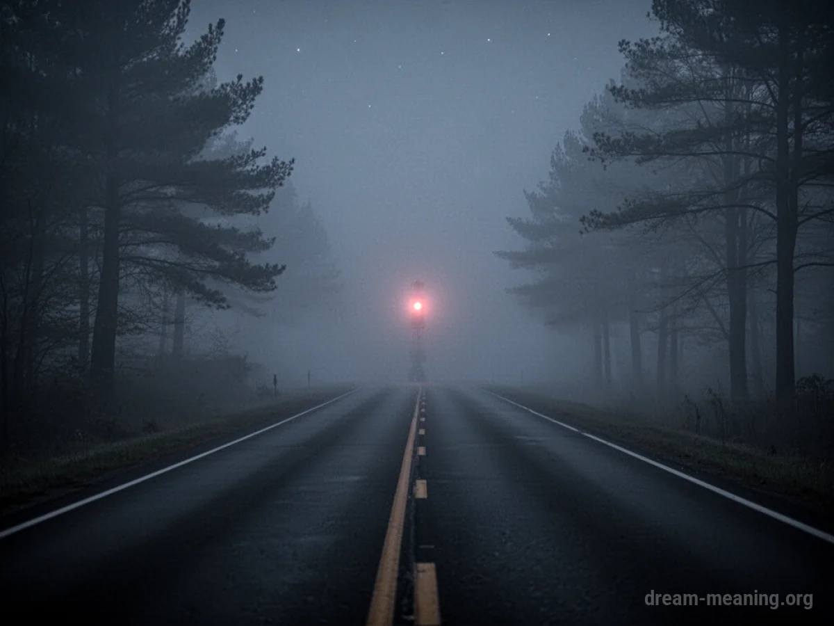 A foggy road with a barely visible signal light in the distance.