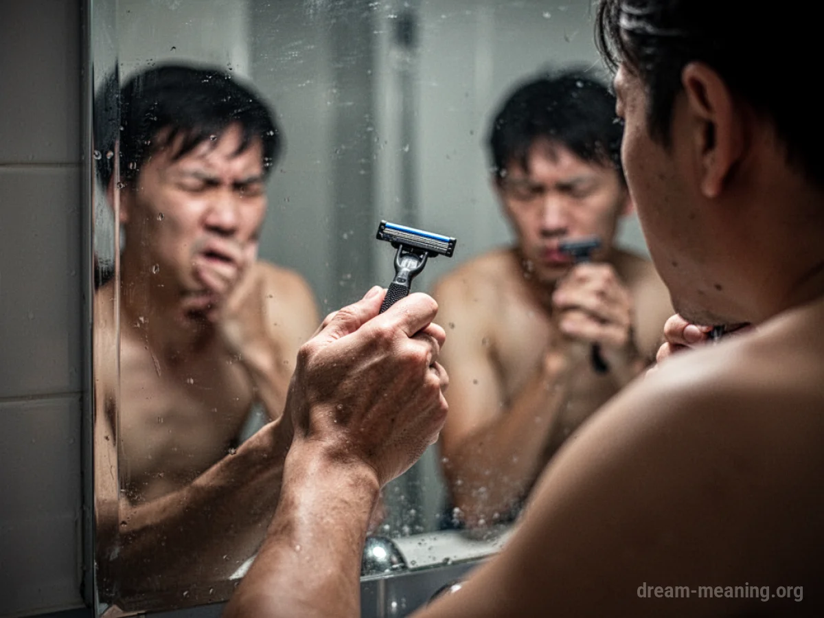 A hand fumbling with a razor in front of a mirror.