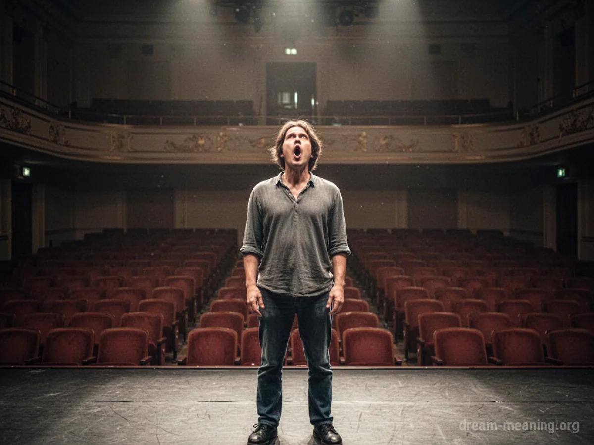 A person on a stage with their mouth open, facing an empty audience.