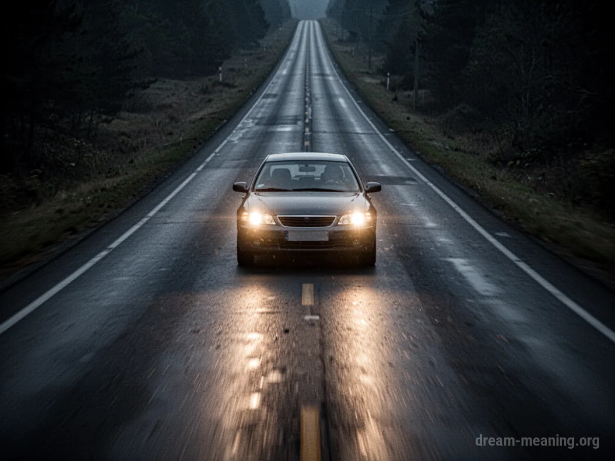 A car speeding down a dark, straight road.