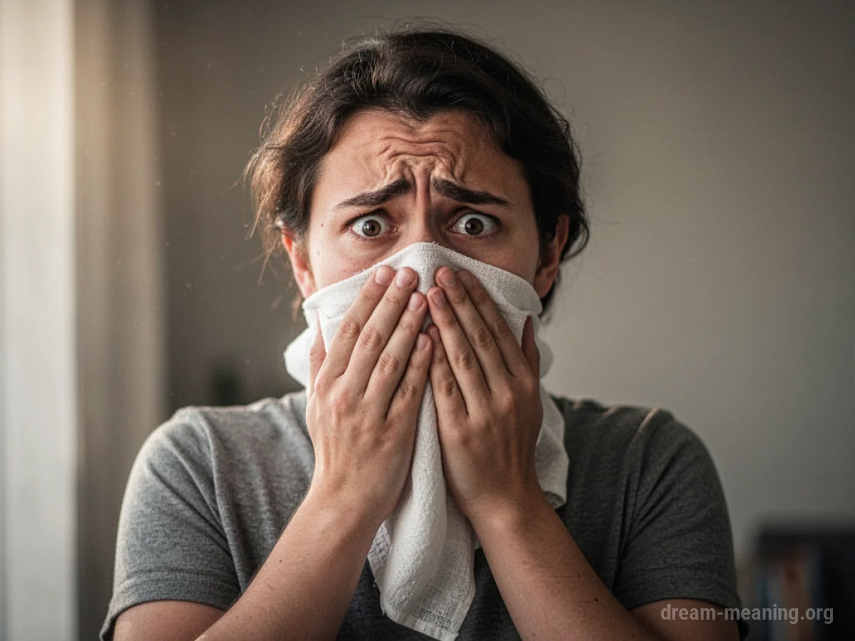 A person holds a cloth over their nose, looking bewildered.