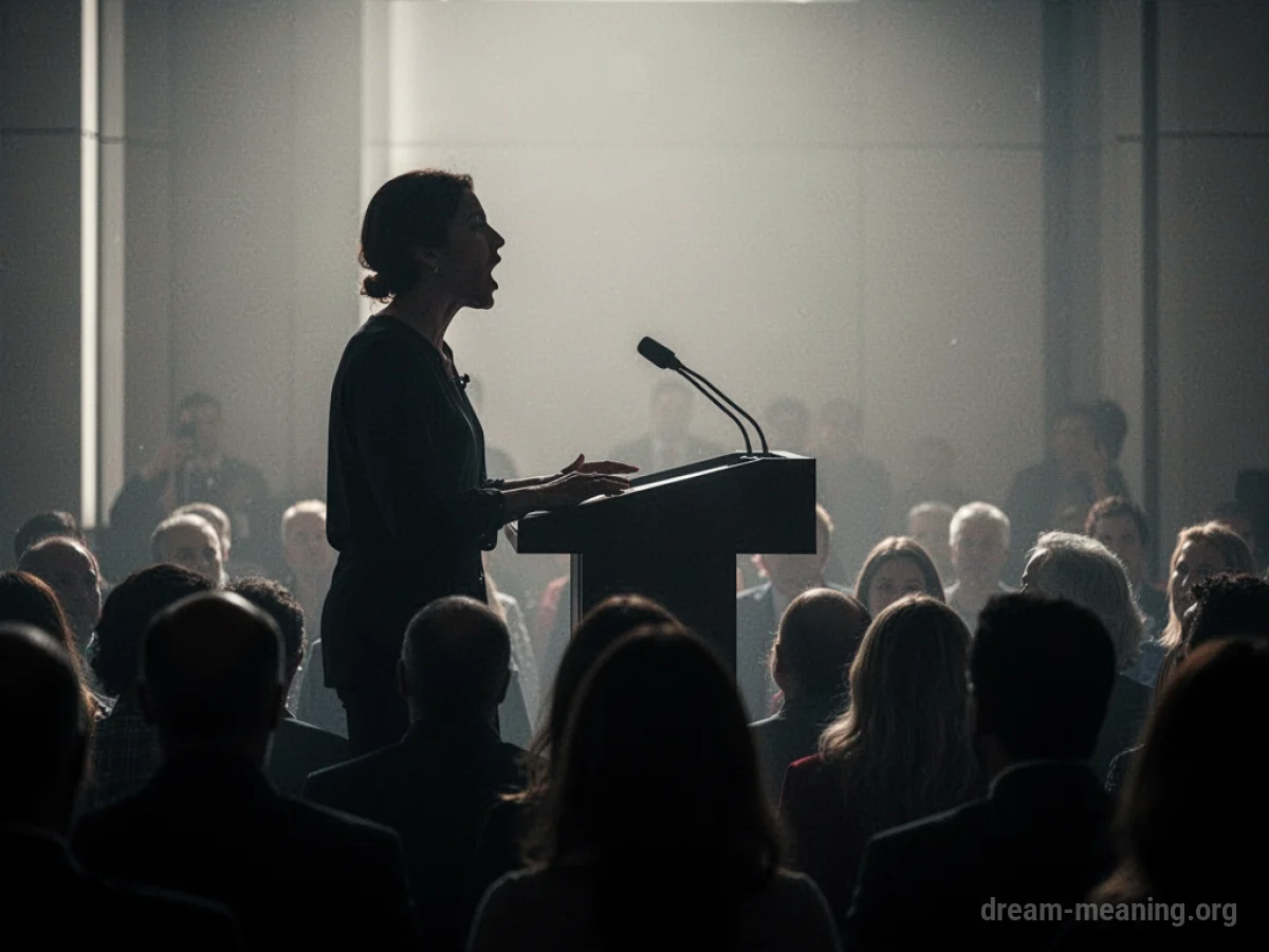 A person's mouth is open on a darkened stage, with a bright spotlight illuminating them.