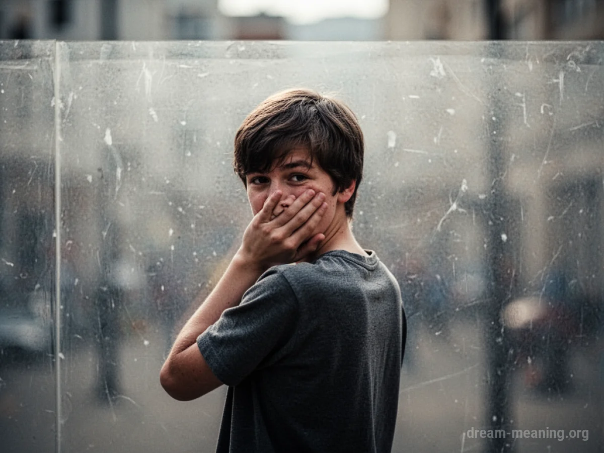 Person covering their mouth with a hand, facing away from a solid barrier.