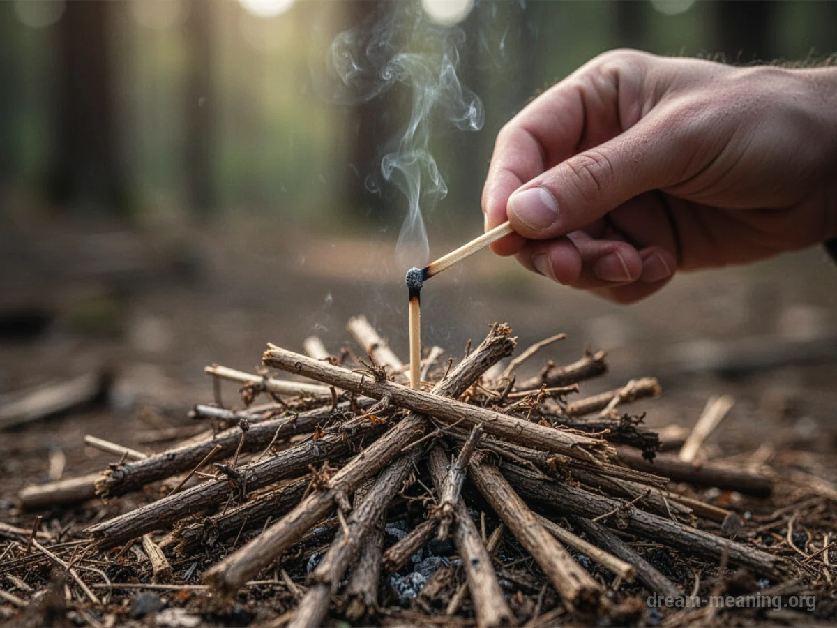 A hand holding a unlit match over kindling.
