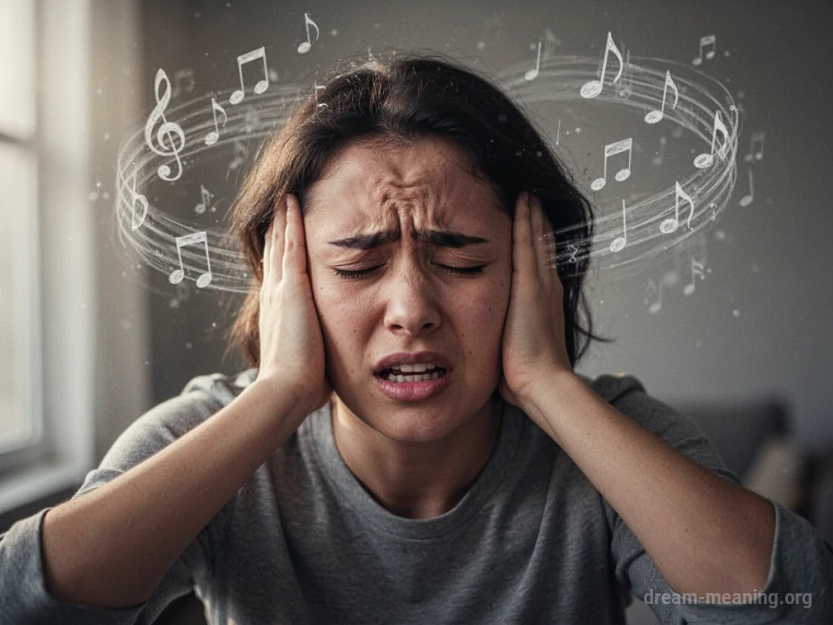 A person covering their ears with musical notes around their head.