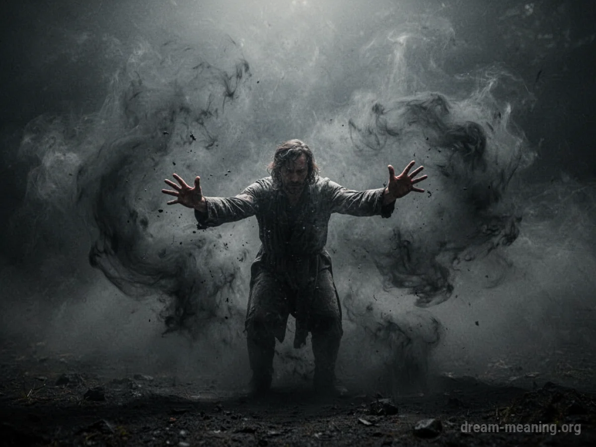A silhouette figure in a dark, misty void.