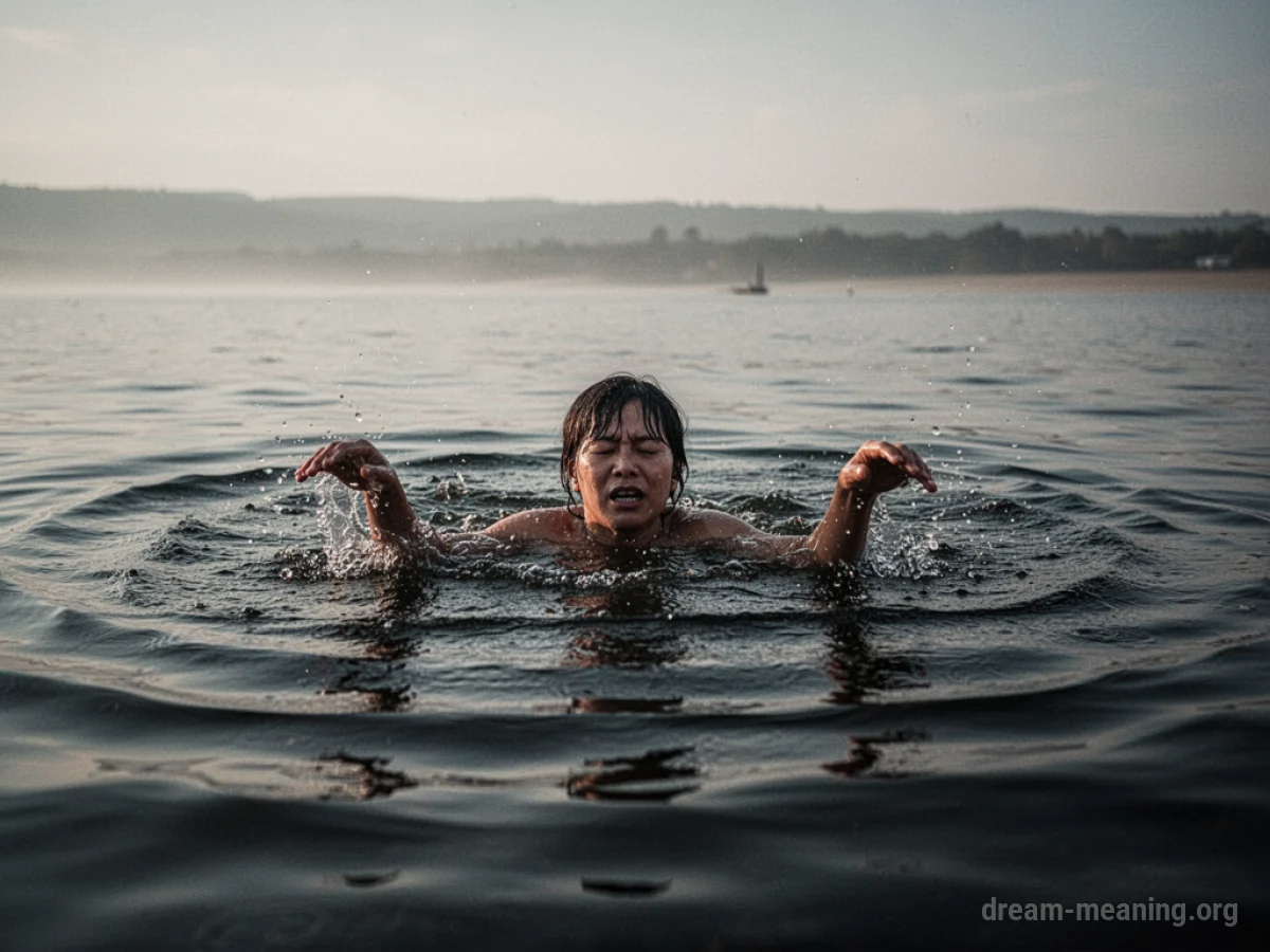 A person struggling in deep water with a faint outline of land far away.