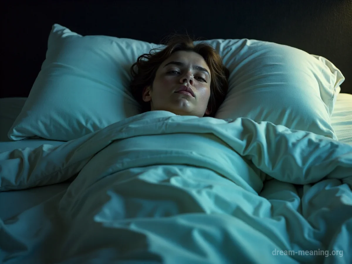 A silhouetted figure lies in a bed, unable to move, with a large shadow overhead.