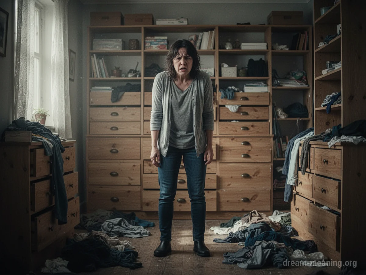 A person looking through a messy closet.