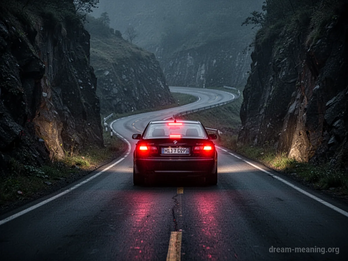 A car with glowing red brake lights driving on a narrow road with sheer cliffs.