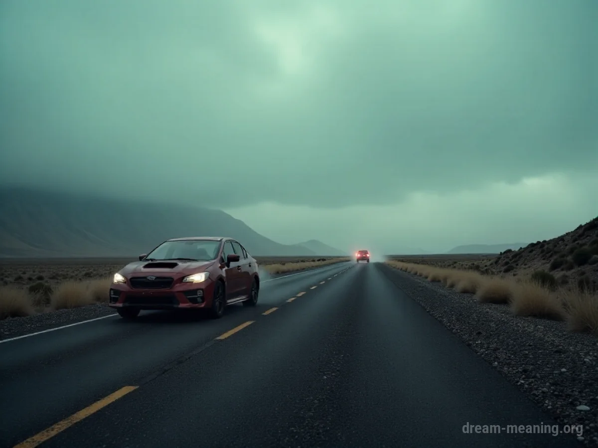 A car stalled on the shoulder of a road under a cloudy sky.