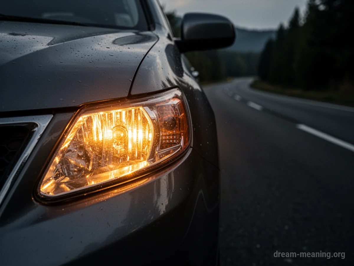 Close-up of a car's glowing amber turn signal light.