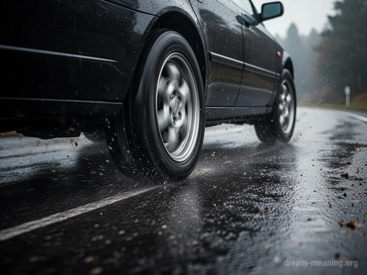 A car's tires skidding on a dark, wet road.