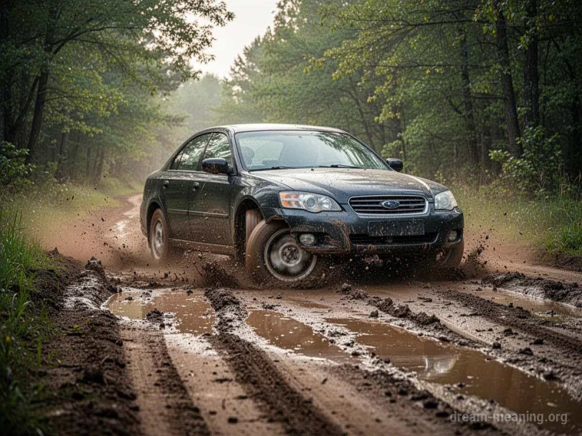A car with spinning wheels stuck in mud on a rural road.