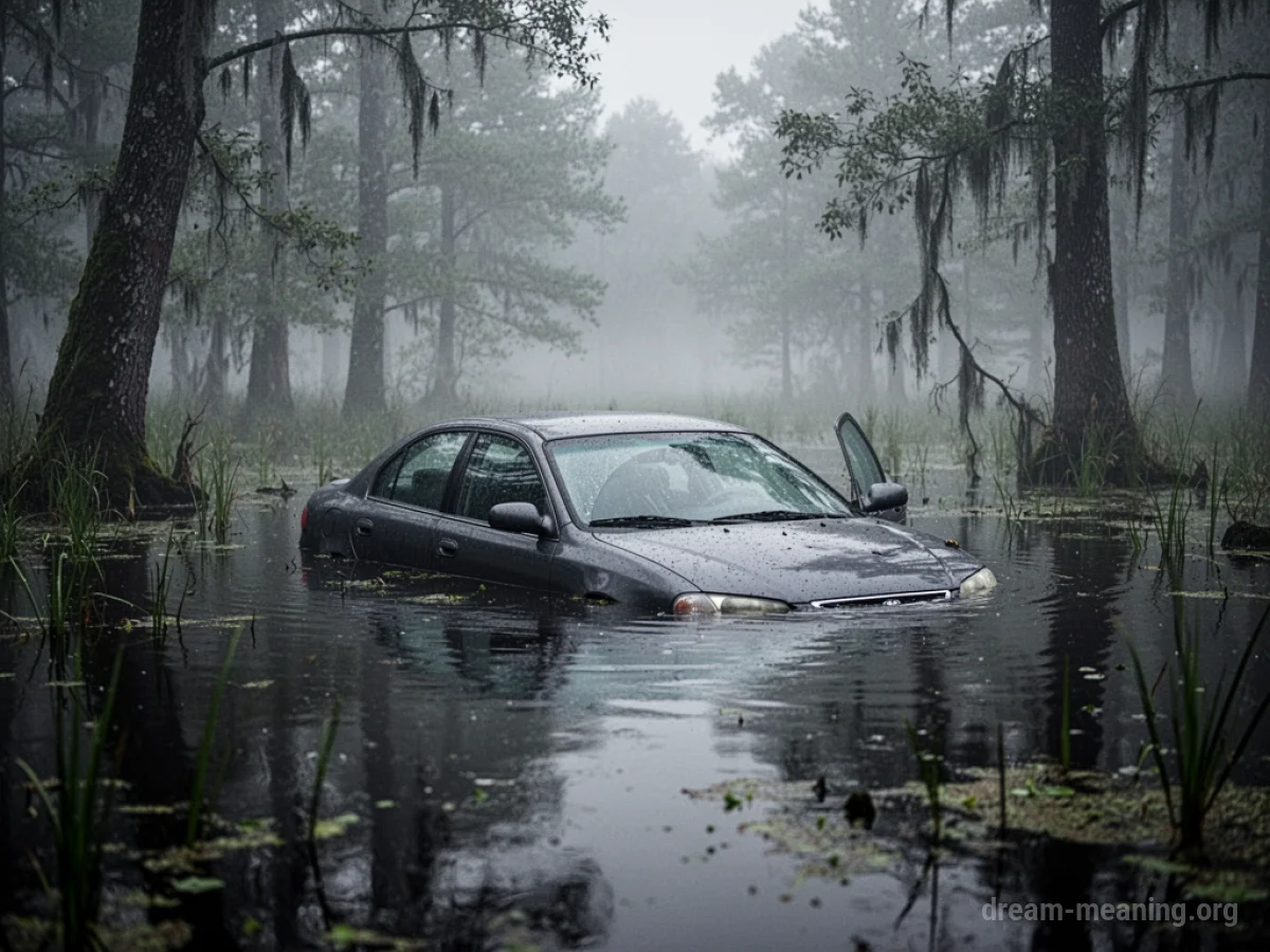 A car sinking into a swamp.