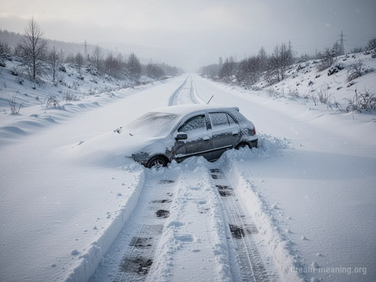 A car is stuck in a large snowdrift on a road.