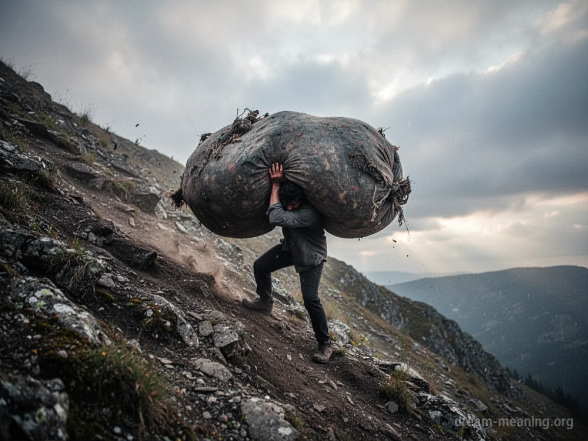 Silhouette of a person carrying a large, dark shape up a steep hill.