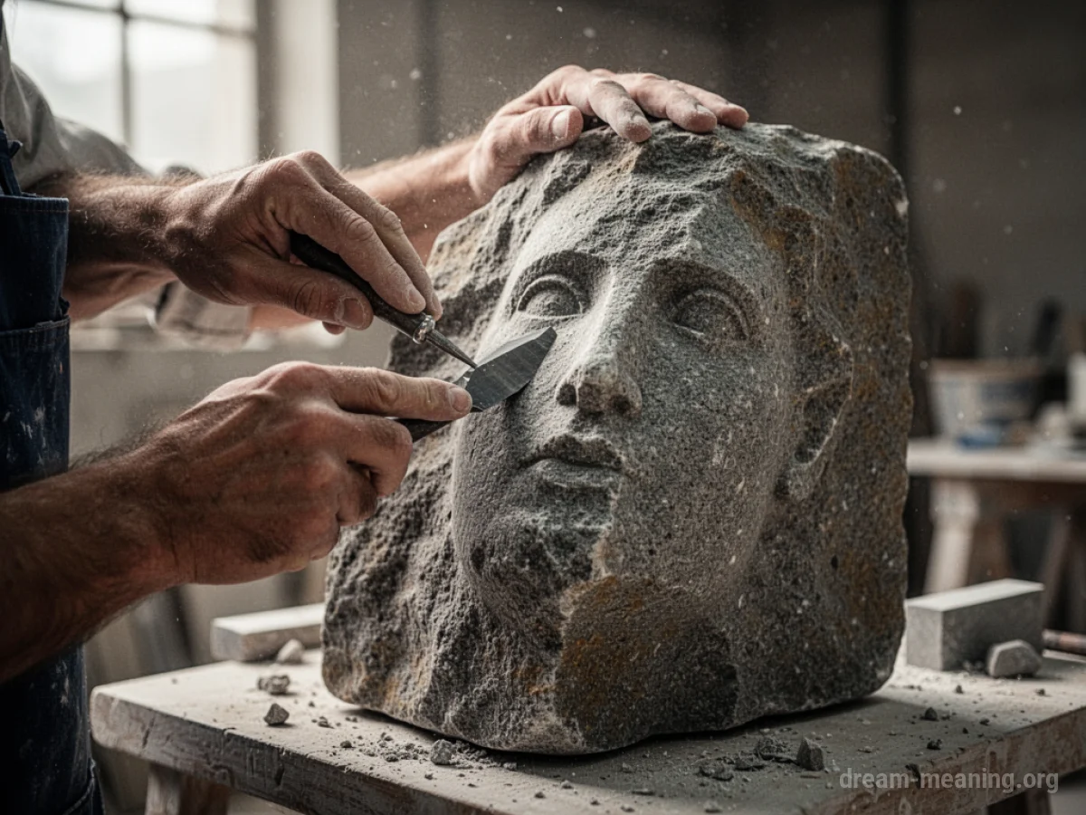 Hands shaping a stone with a tool.