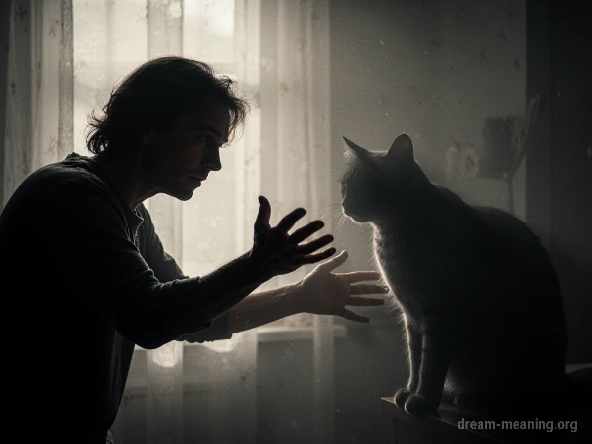 Silhouette of a hand reaching towards a shadowy cat shape.