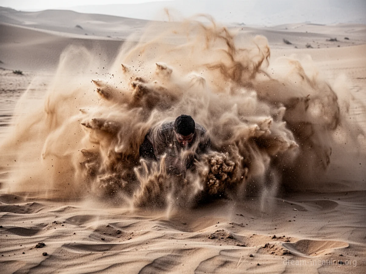 A person being buffeted by wind and sand.