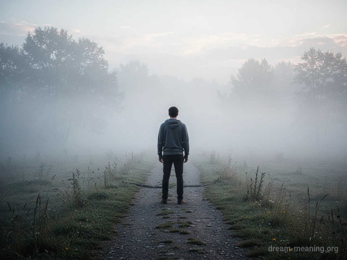 A person standing at the edge of a path that abruptly ends, with thick fog obscuring what lies beyond.