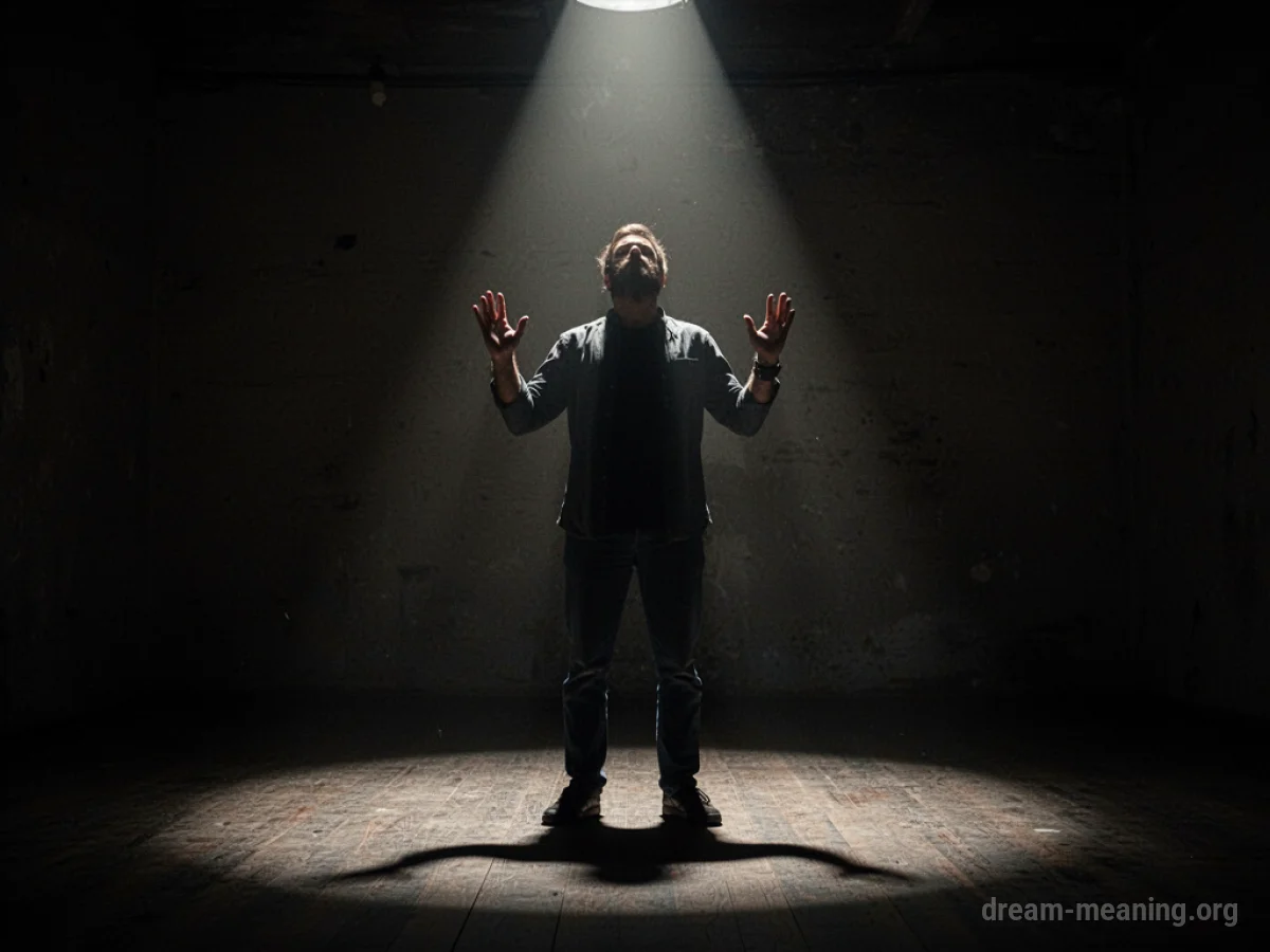 A silhouette of a person with hands raised under a spotlight.