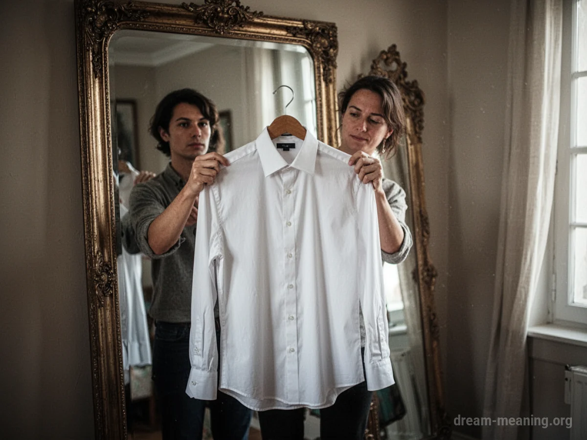 Person holding a clean white shirt in front of a mirror.