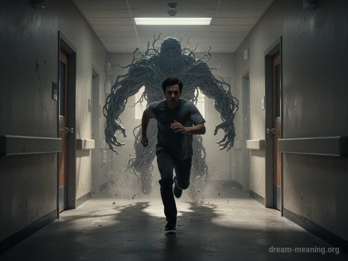 A figure running from a shadowy, amorphous shape in a dark hallway.