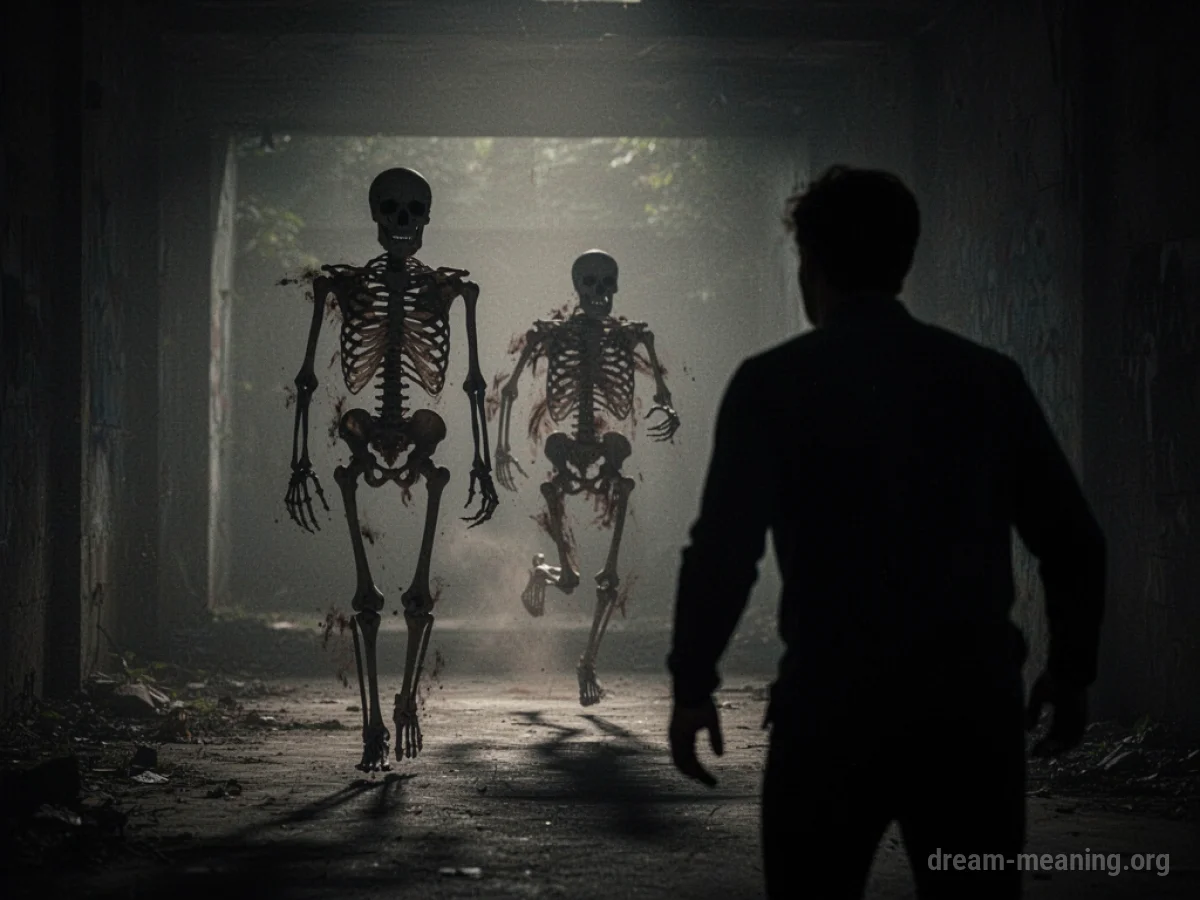 A silhouetted figure of a skeleton running towards a person in a dark, indistinct environment.