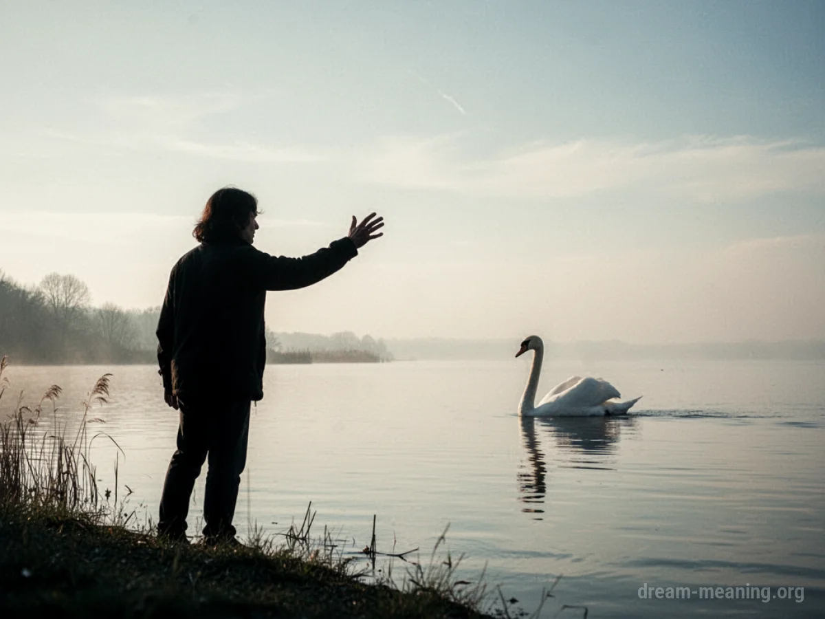 Silhouette figure reaching for a swan on water.