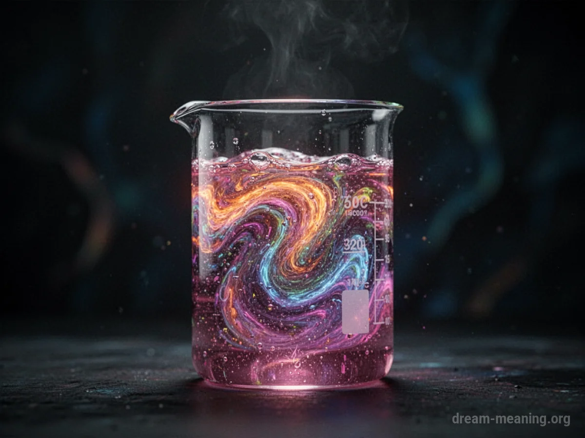 A glowing liquid in a laboratory beaker against a dark background.