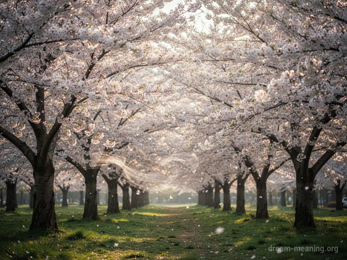 A grove of cherry blossom trees with pink flowers in bloom.