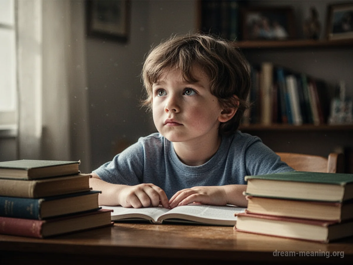 A child sits at a desk, surrounded by books.