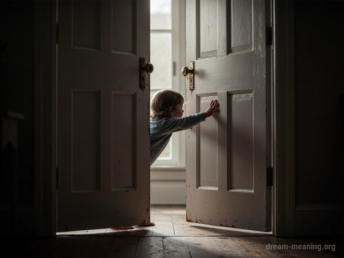 Silhouette of a small child reaching from behind a partially open door.