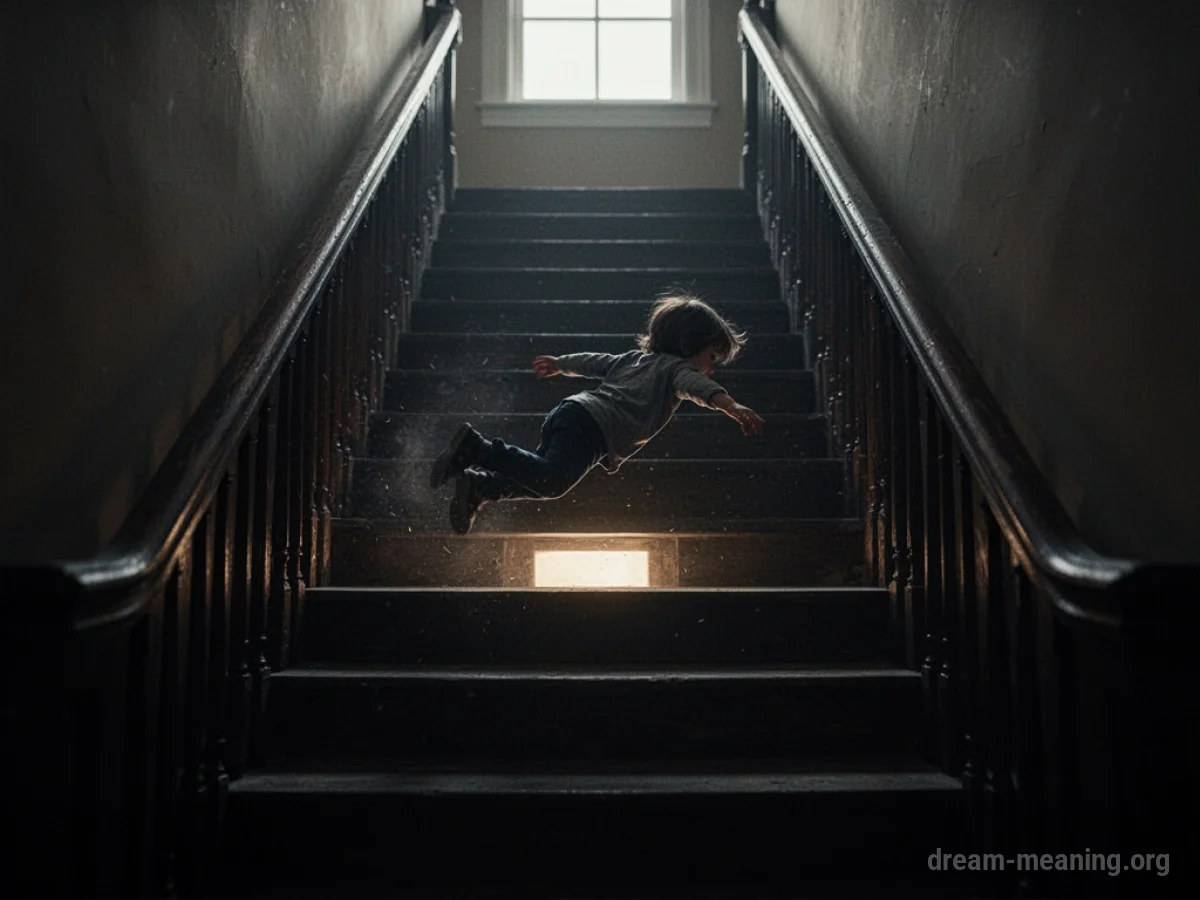Silhouette of a small child falling down a long, dark flight of stairs.