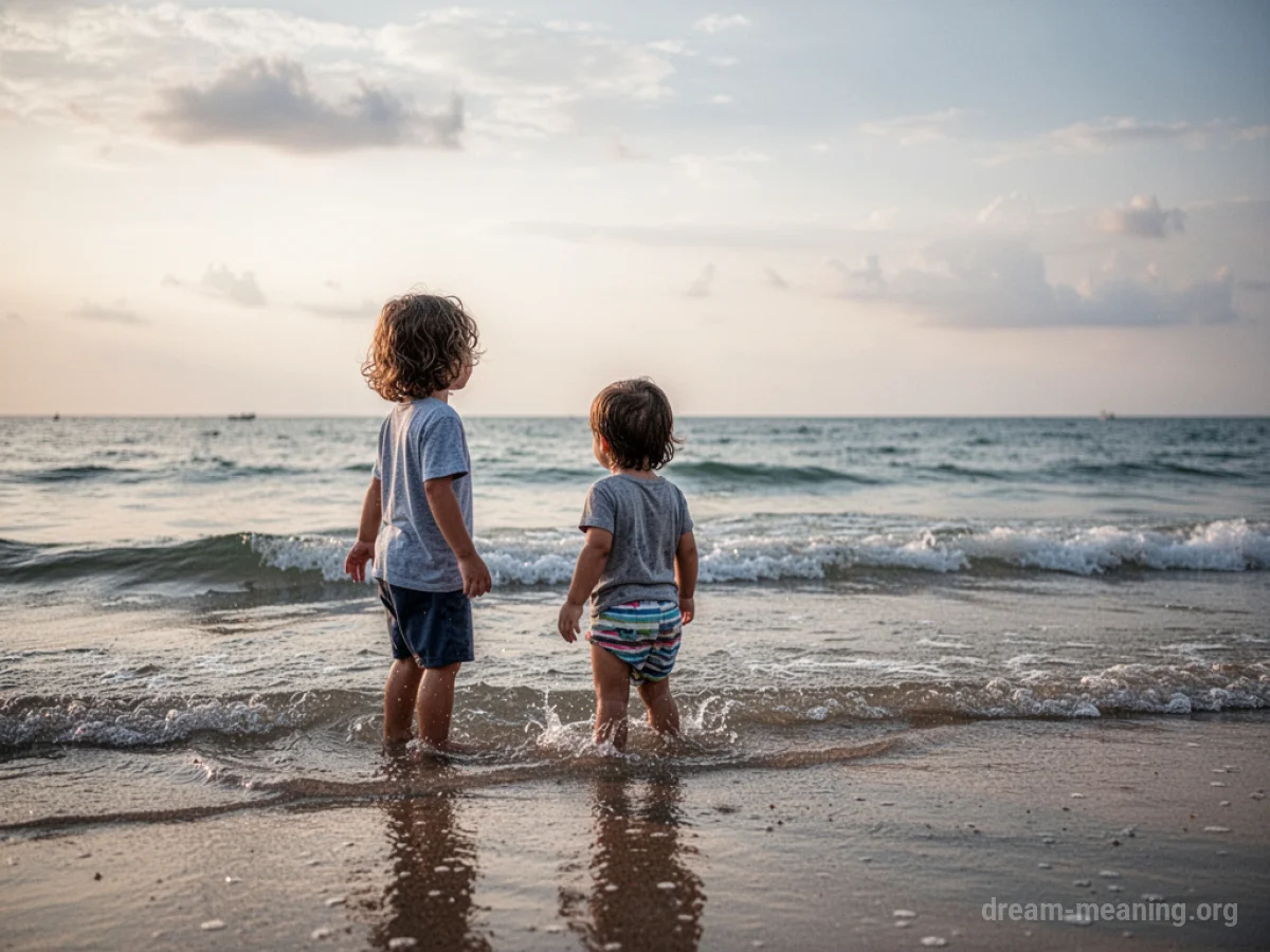 A young child stands in calm ocean water near the shore.