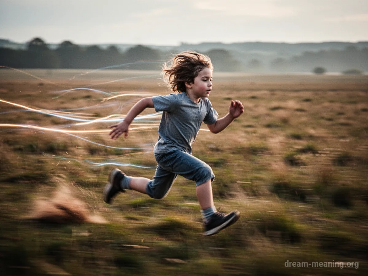 A child running at high speed through a field with motion blur.