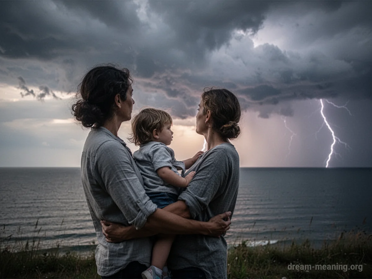 Parent holding a child, calm landscape behind them.