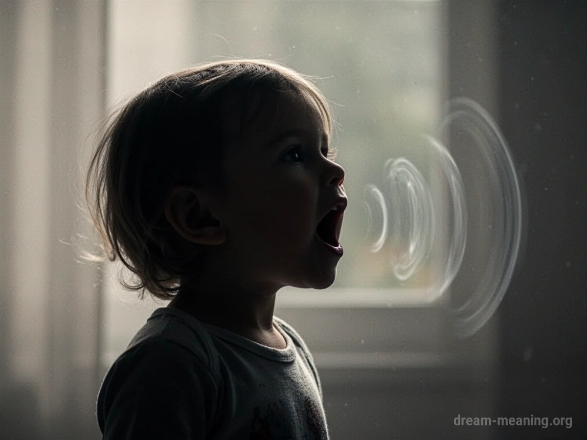 Silhouette of a small child with mouth open, surrounded by faint sound waves.