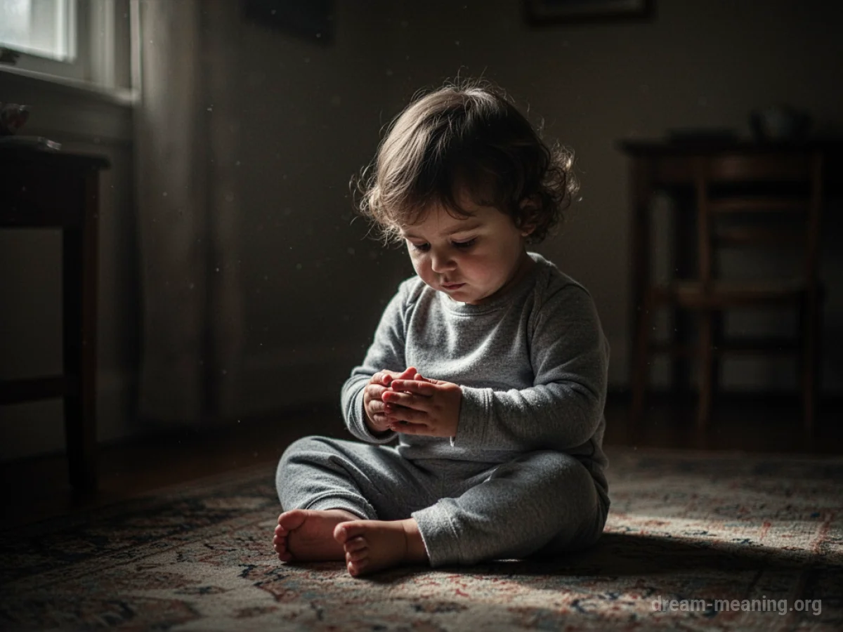 A young child sitting by themselves in a dimly lit room.