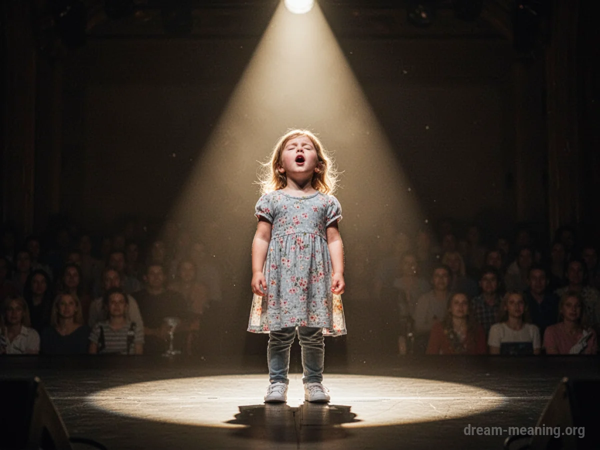 A child singing on a stage with a spotlight.