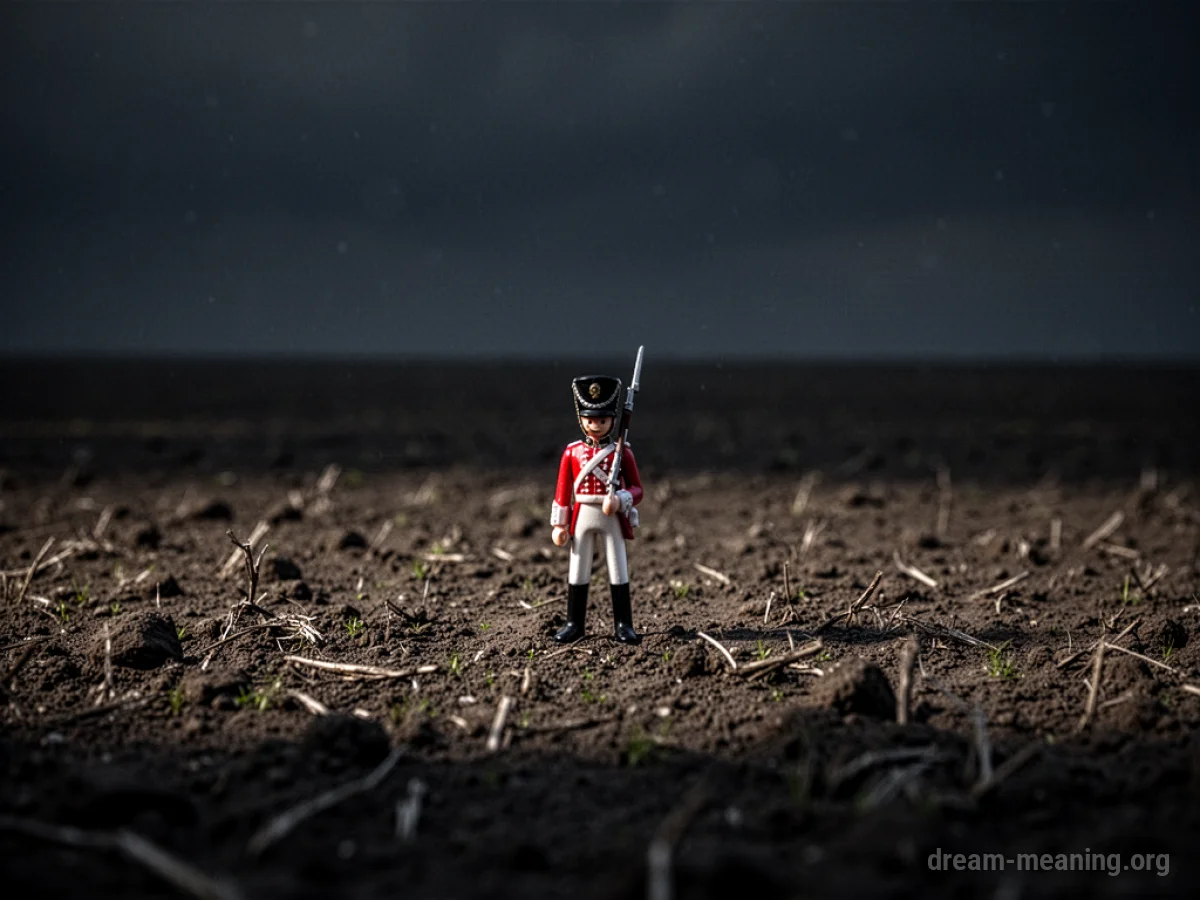 A small toy soldier stands alone in a dark, empty field.