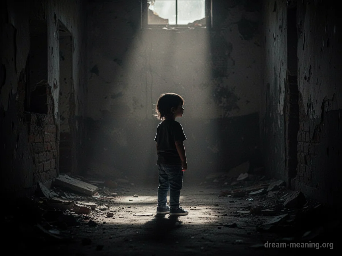 Silhouette of a small child in a dark, vast space.